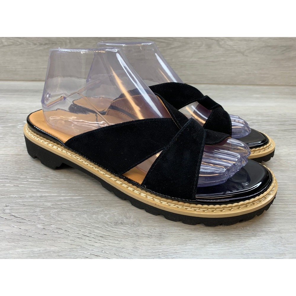 L'Amour Des Pieds Deryn Black Suede Patent Lug Sole Slide Sandals 9 Shoes